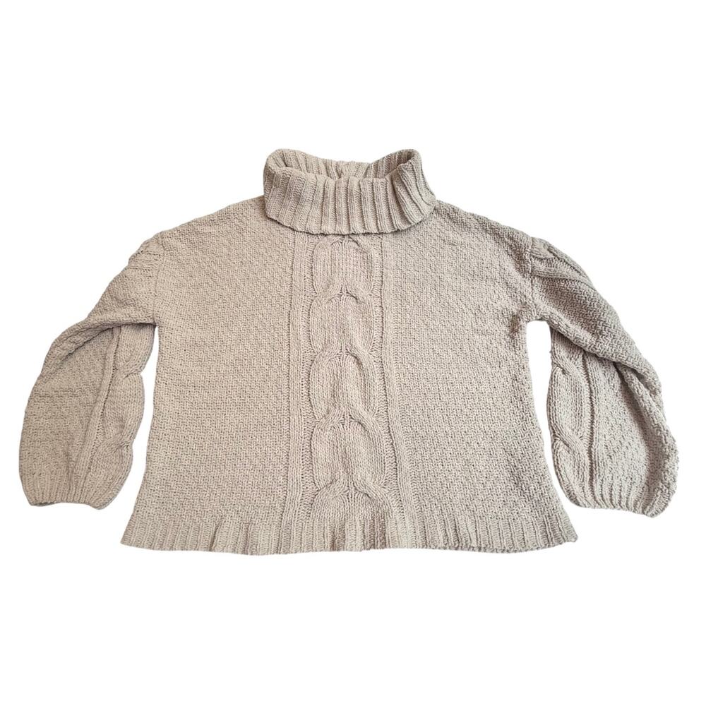 VTG Seven 7 Cowlneck SWEATER Cable Knit Chenille Crop Top Women LG Beige Sand